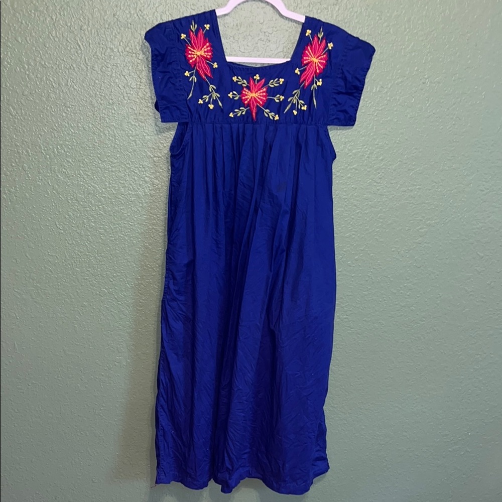 Vintage Blue Floral Embroidered Dress Mumu Hawaiian Tropical Flowers Hibiscus